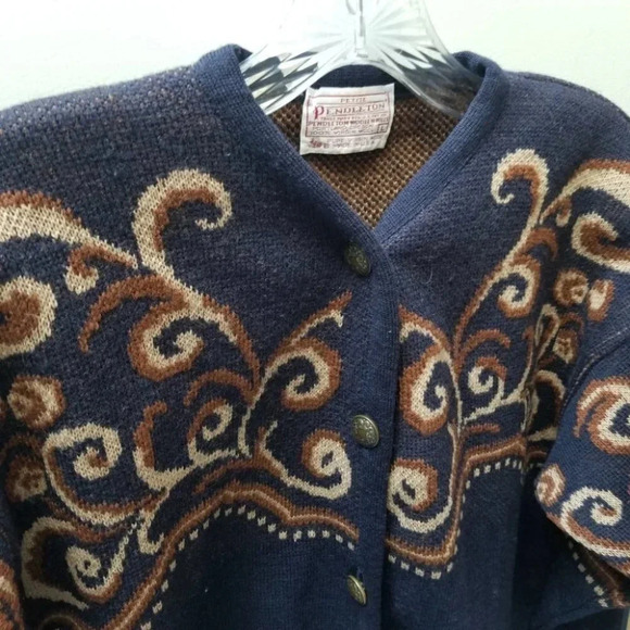 Pendleton Wool Navy Tan Brown Swirl Print Button Up Cardigan  L - Picture 5 of 11
